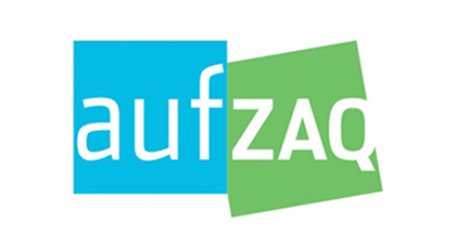Das aufZAQ-Logo mit blauem Quadrat mit Text "auf" und grünem Quadrat mit Text "ZAQ"