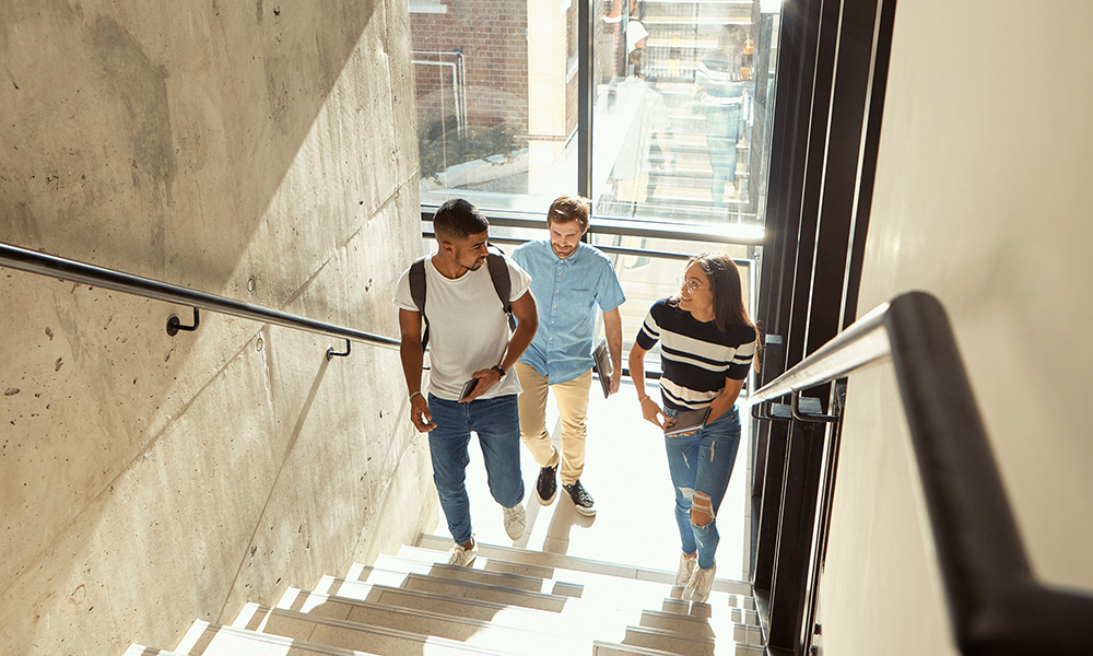 3 Studierende gehen über eine Treppe an der Uni nach oben und unterhalten sich.