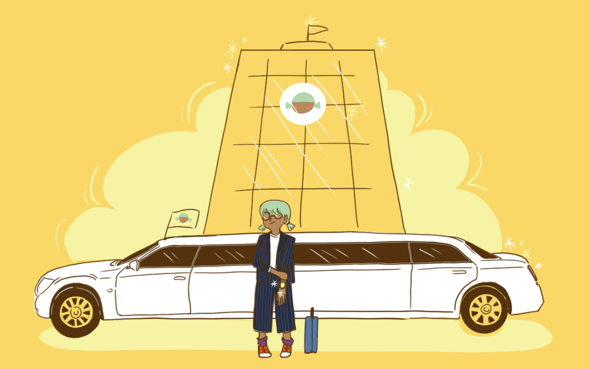Illustration einer Person, die vor einer Luxuslimousine steht.