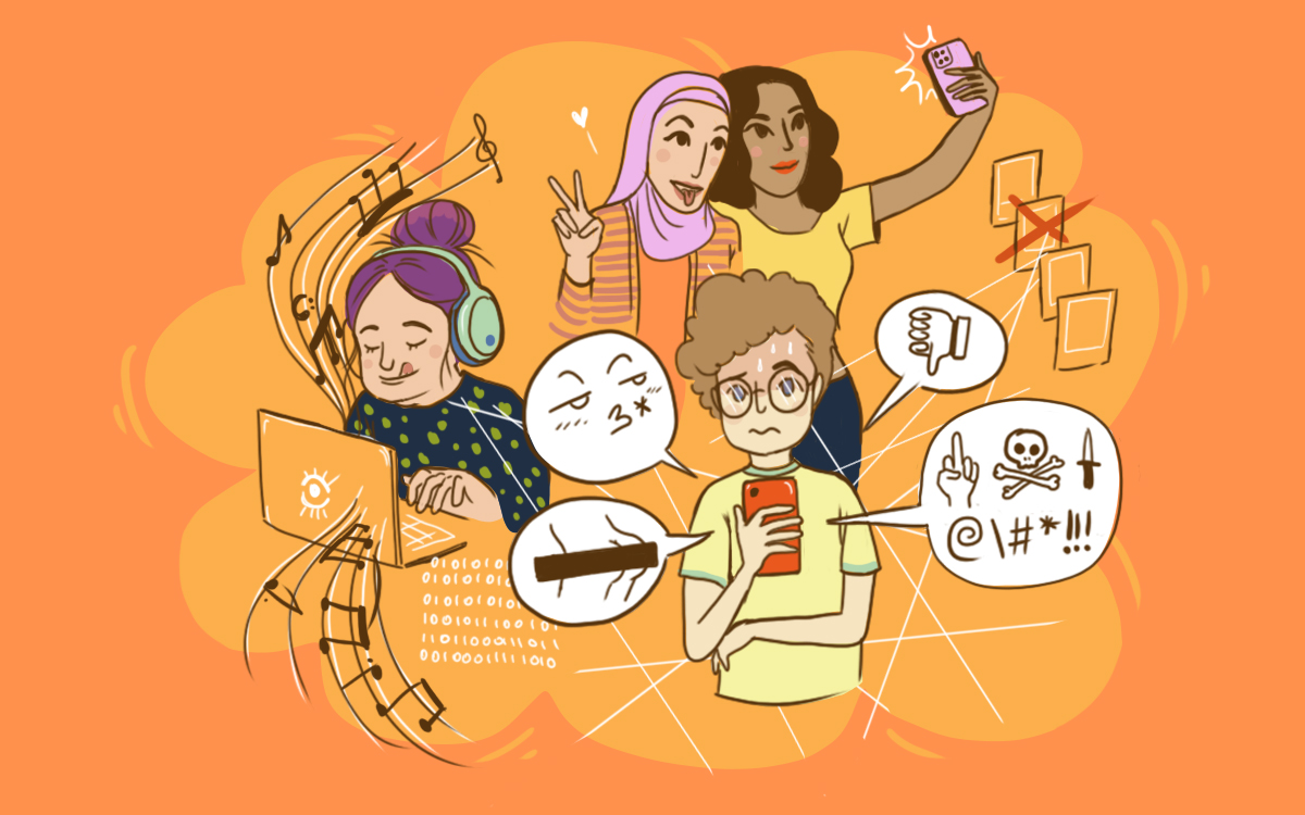 Illustration zum Thema Internet - mehrere Personen mit Handy, Computer und Sprechblasen.