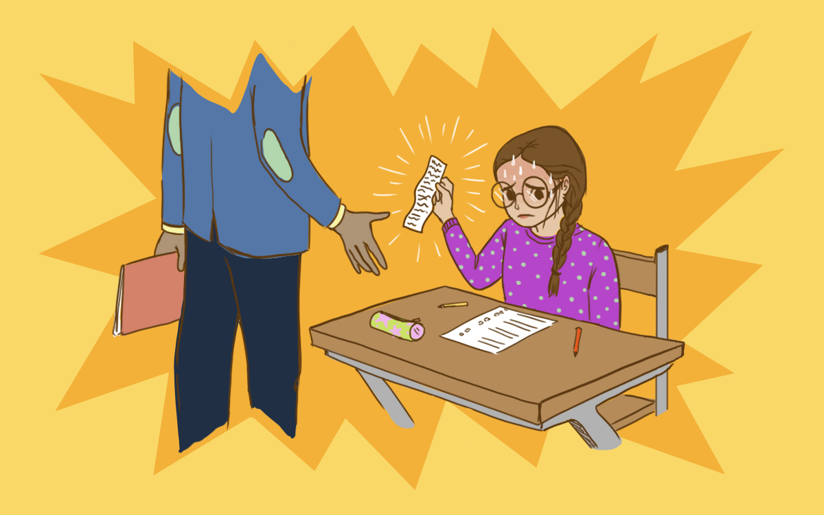 Illustration eines Mädches, dass in der Schule beim Schummeln erwischt wird.