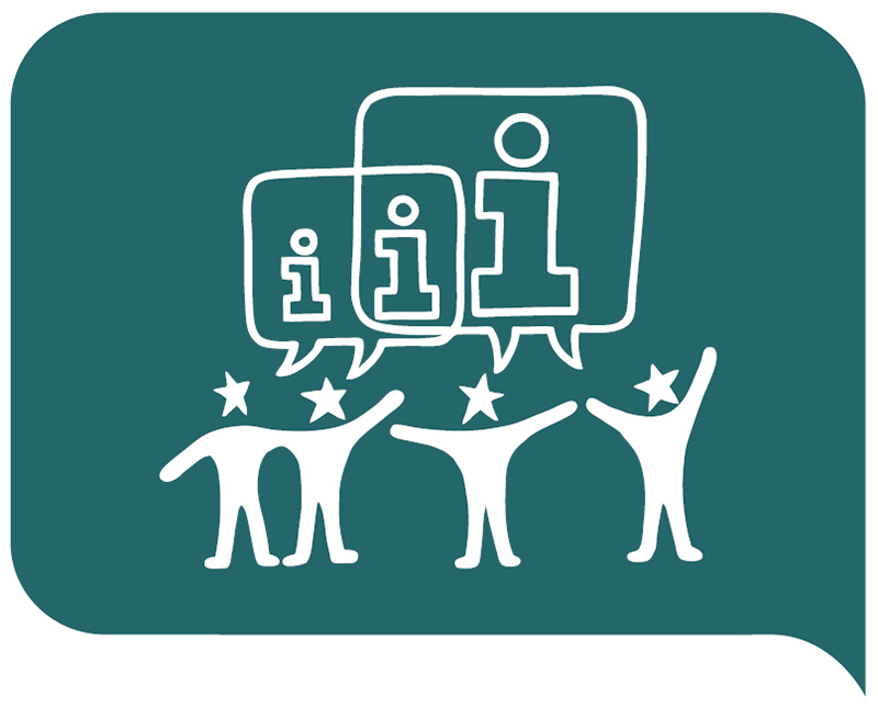 Illustration Youth Goal 4 - i in Sprechblase und stilisierte Menschen auf dunkelgrünem Hintergrund