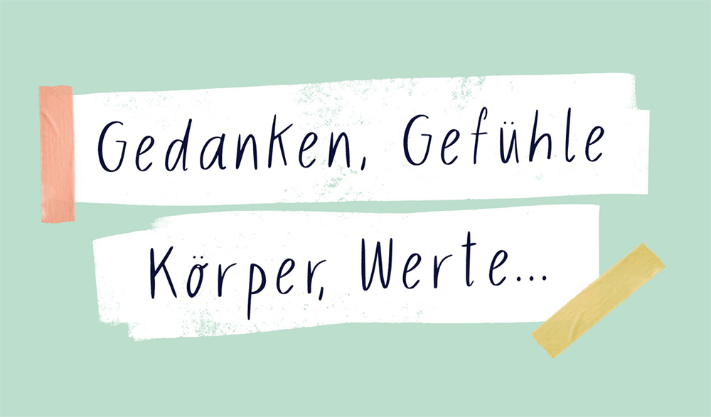 Weißer Streifen im Illustrationsstil, mit Klebestreifen befestigt, mit dem Text "Gedanken, Gefühle, Körper, Werte..." darauf.