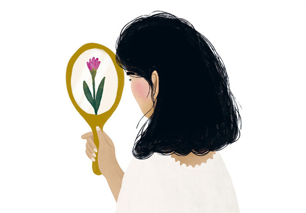 Illustration von einer jungen Frau, die sich in den Spiegel schaut. Im Spiegelbild ist eine Tulpe zu sehen.