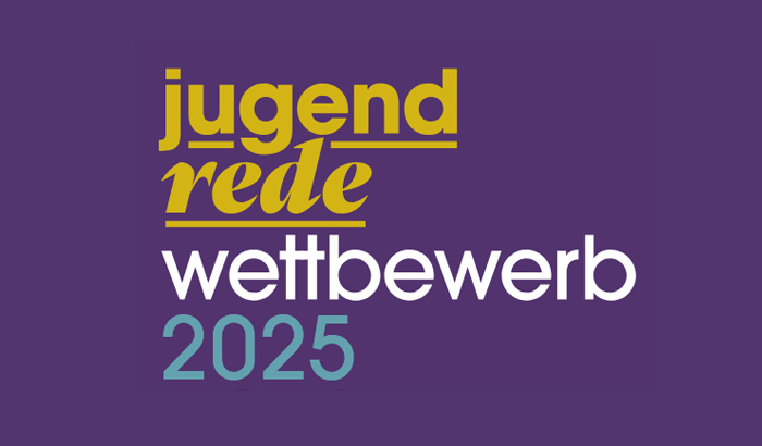 Schriftzug Jugendredewettbewerb 2025 auf lila Hintergrund