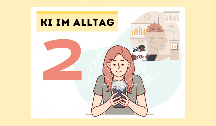 Illustration mit der Nummer 2 und Schrift "KI im Alltag" und einem Mädchen mit Handy.
