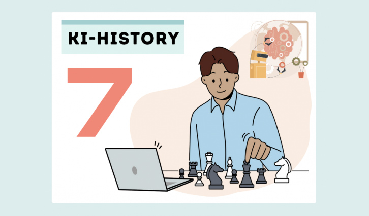 Illustration mit der Nummer 7 und Schrift "KI-Histroy" und einem Jungen mit Laptop, der Schach spielt.