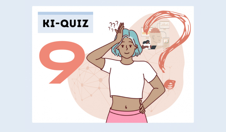 Illustration mit der Nummer 9 und Schrift "KI-Quiz" und einem Mädchen, das die Hand auf die Stirn legt, dahinter ein großes Fragezeichen.